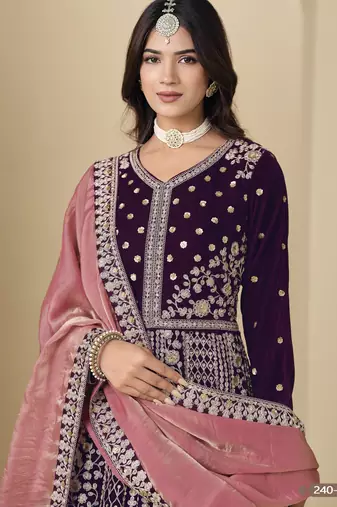Purple velvet anarkali suit with dupatta