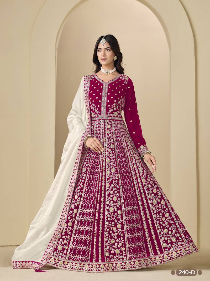 Pink velvet anarkali suit with dupatta