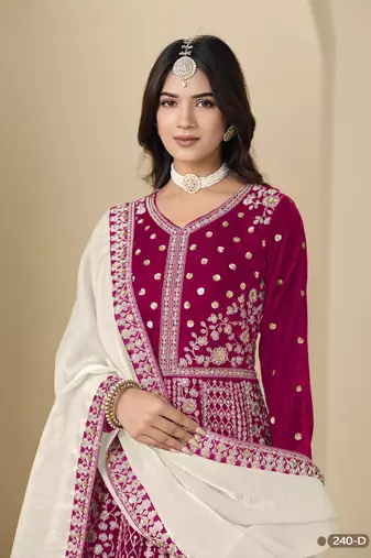 Pink velvet anarkali suit with dupatta
