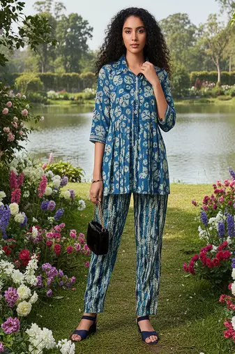 Blue  cord sets with scarf