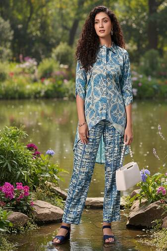 Blue  cord sets with scarf