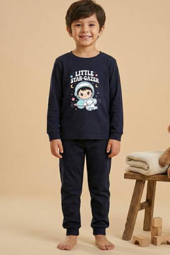 Boys cotton navy blue space explorer printed nightsuit