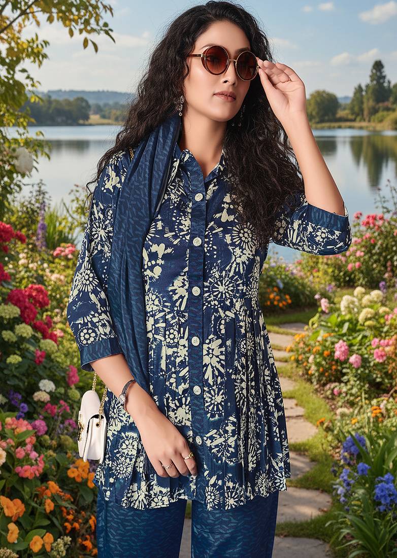 Blue  cord sets with scarf