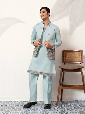 PISTA GREEN VISCOSE SILK THEAD WITH SEQUINS EMBROIDERED WORK WEDDING FESTIVAL PARTY WEAR STRAIGHT KURTA PANT KOTI 1