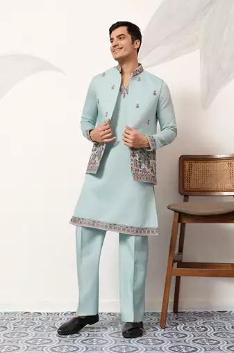 pista green viscose silk thead with sequins embroidered work straight kurta pant koti