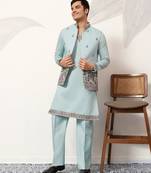 PISTA GREEN VISCOSE SILK THEAD WITH SEQUINS EMBROIDERED WORK WEDDING FESTIVAL PARTY WEAR STRAIGHT KURTA PANT KOTI