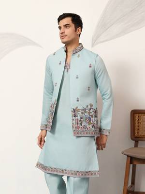 PISTA GREEN VISCOSE SILK THEAD WITH SEQUINS EMBROIDERED WORK WEDDING FESTIVAL PARTY WEAR STRAIGHT KURTA PANT KOTI 3
