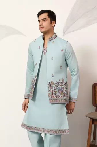 PISTA GREEN VISCOSE SILK THEAD WITH SEQUINS EMBROIDERED WORK WEDDING FESTIVAL PARTY WEAR STRAIGHT KURTA PANT KOTI