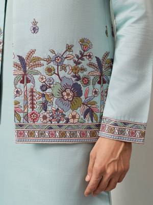 PISTA GREEN VISCOSE SILK THEAD WITH SEQUINS EMBROIDERED WORK WEDDING FESTIVAL PARTY WEAR STRAIGHT KURTA PANT KOTI 4