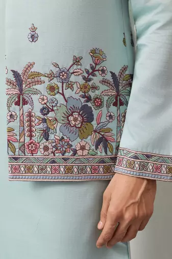 PISTA GREEN VISCOSE SILK THEAD WITH SEQUINS EMBROIDERED WORK WEDDING FESTIVAL PARTY WEAR STRAIGHT KURTA PANT KOTI