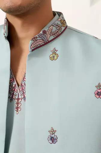 PISTA GREEN VISCOSE SILK THEAD WITH SEQUINS EMBROIDERED WORK WEDDING FESTIVAL PARTY WEAR STRAIGHT KURTA PANT KOTI