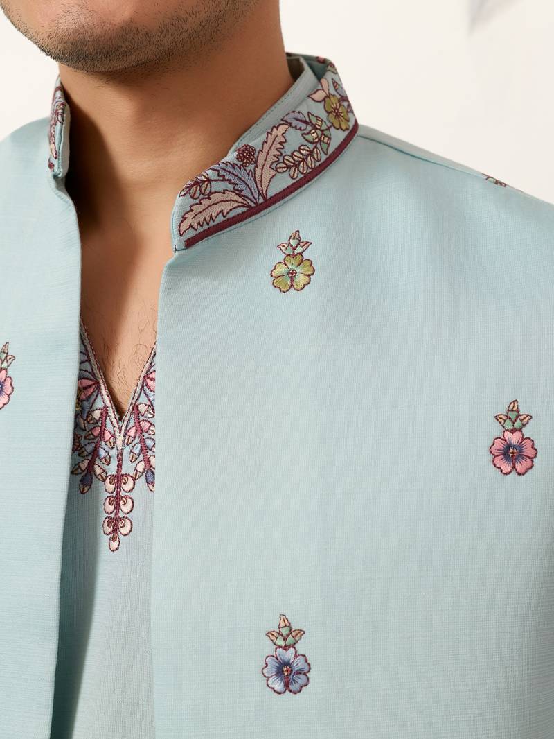 PISTA GREEN VISCOSE SILK THEAD WITH SEQUINS EMBROIDERED WORK WEDDING FESTIVAL PARTY WEAR STRAIGHT KURTA PANT KOTI