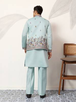 PISTA GREEN VISCOSE SILK THEAD WITH SEQUINS EMBROIDERED WORK WEDDING FESTIVAL PARTY WEAR STRAIGHT KURTA PANT KOTI 6