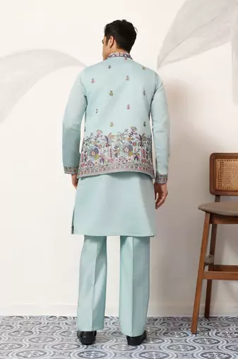 PISTA GREEN VISCOSE SILK THEAD WITH SEQUINS EMBROIDERED WORK WEDDING FESTIVAL PARTY WEAR STRAIGHT KURTA PANT KOTI