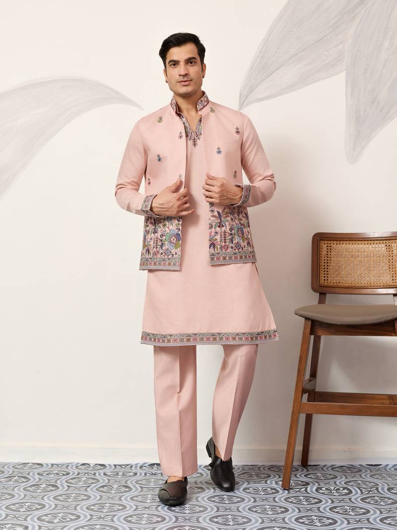 PEACH VISCOSE SILK THEAD WITH SEQUINS EMBROIDERED WORK WEDDING FUNCTION FESTIVAL PARTY WEAR STRAIGHT KURTA PANT KOTI
