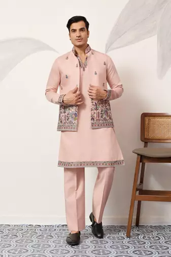 peach viscose silk thead with sequins embroidered work straight kurta pant koti