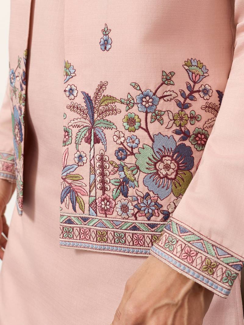 PEACH VISCOSE SILK THEAD WITH SEQUINS EMBROIDERED WORK WEDDING FUNCTION FESTIVAL PARTY WEAR STRAIGHT KURTA PANT KOTI