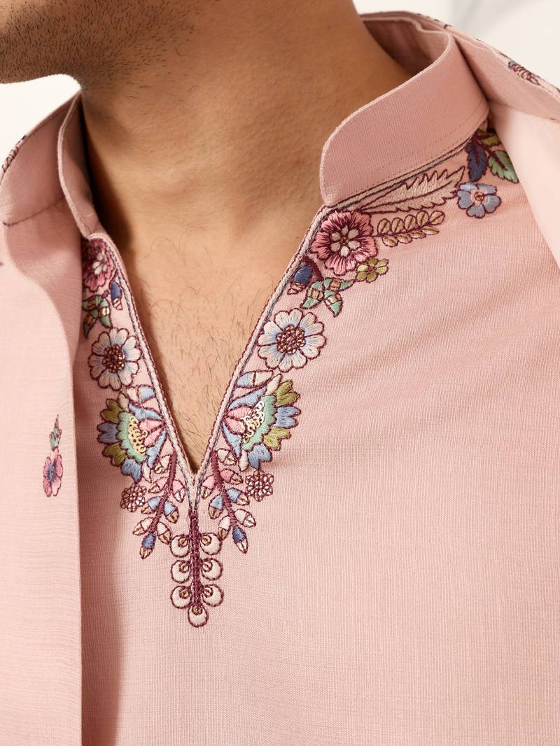 PEACH VISCOSE SILK THEAD WITH SEQUINS EMBROIDERED WORK WEDDING FUNCTION FESTIVAL PARTY WEAR STRAIGHT KURTA PANT KOTI