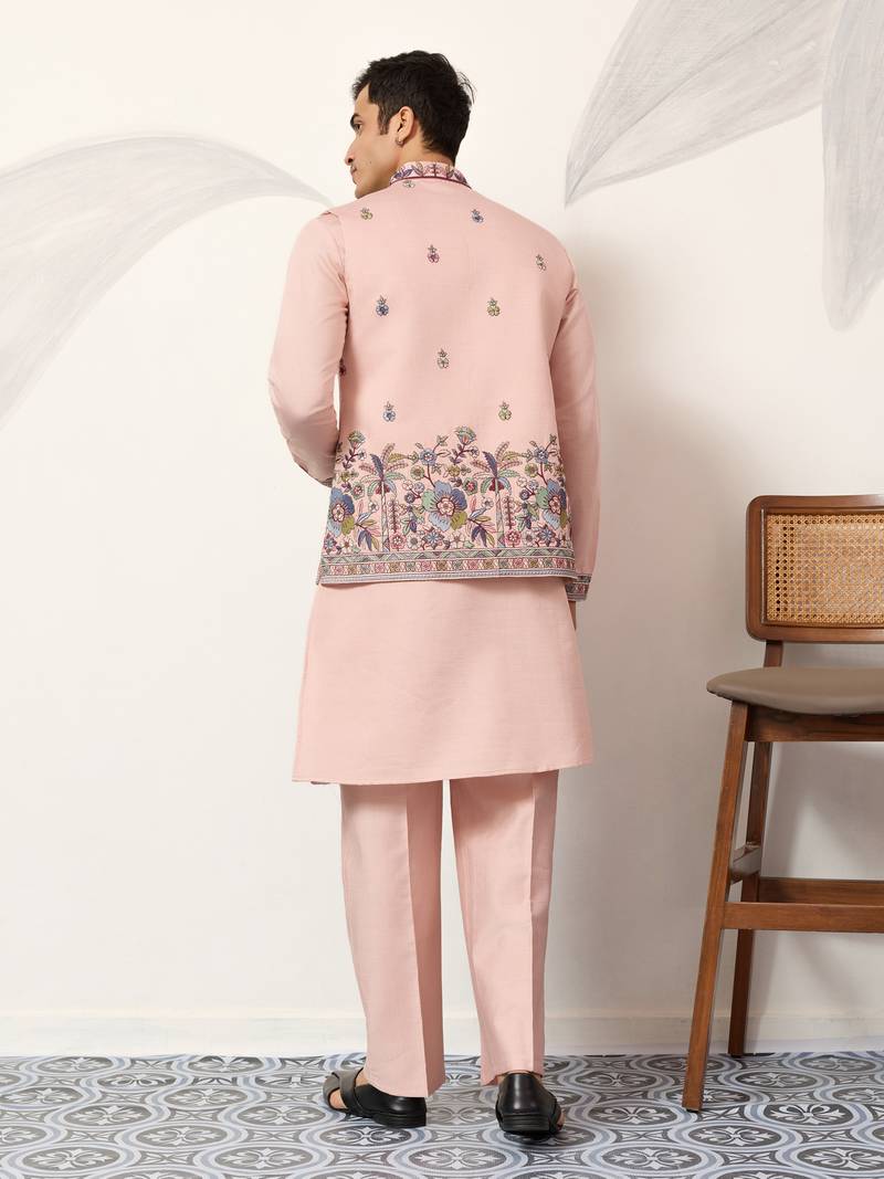 PEACH VISCOSE SILK THEAD WITH SEQUINS EMBROIDERED WORK WEDDING FUNCTION FESTIVAL PARTY WEAR STRAIGHT KURTA PANT KOTI