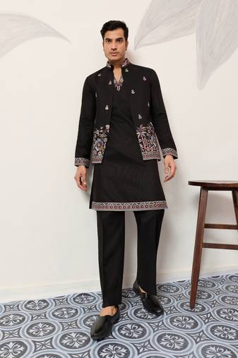 black viscose silk thead with sequins embroidered work straight kurta pant koti