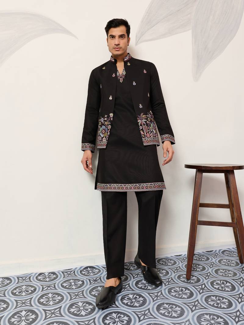 BLACK VISCOSE SILK THEAD WITH SEQUINS EMBROIDERED WORK WEDDING FUNCTION FESTIVAL PARTY WEAR STRAIGHT KURTA PANT KOTI