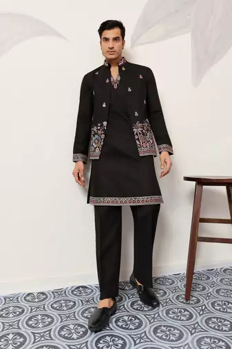black viscose silk thead with sequins embroidered work straight kurta pant koti