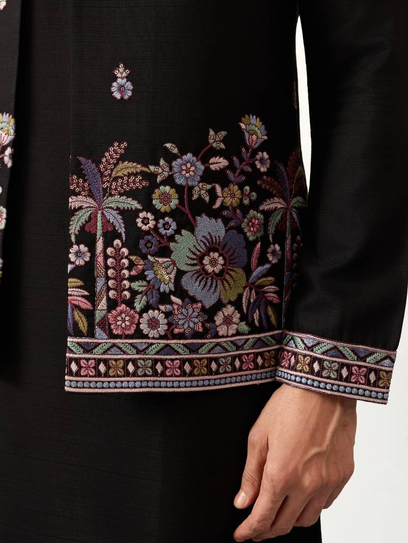 BLACK VISCOSE SILK THEAD WITH SEQUINS EMBROIDERED WORK WEDDING FUNCTION FESTIVAL PARTY WEAR STRAIGHT KURTA PANT KOTI