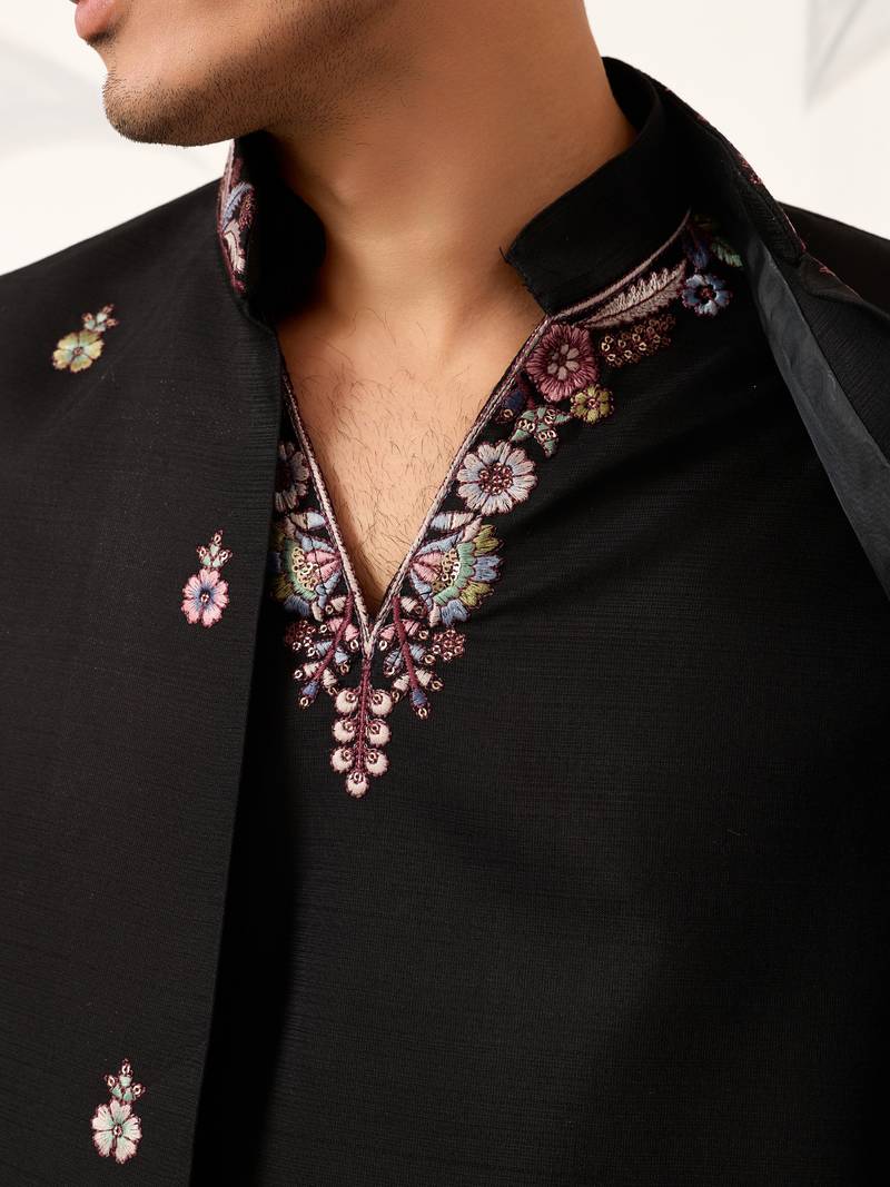 BLACK VISCOSE SILK THEAD WITH SEQUINS EMBROIDERED WORK WEDDING FUNCTION FESTIVAL PARTY WEAR STRAIGHT KURTA PANT KOTI