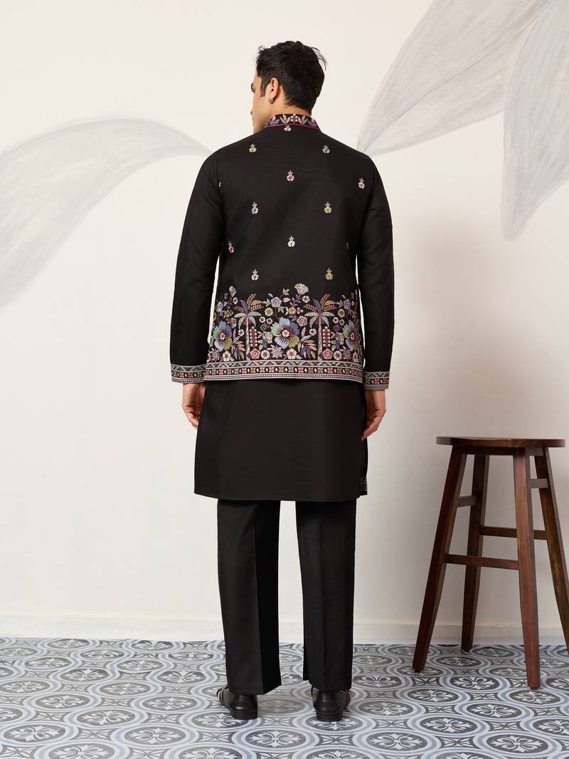 BLACK VISCOSE SILK THEAD WITH SEQUINS EMBROIDERED WORK WEDDING FUNCTION FESTIVAL PARTY WEAR STRAIGHT KURTA PANT KOTI