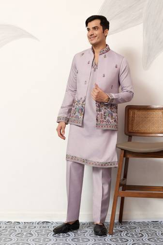lavender viscose silk thead with sequins embroidered work straight kurta pant koti
