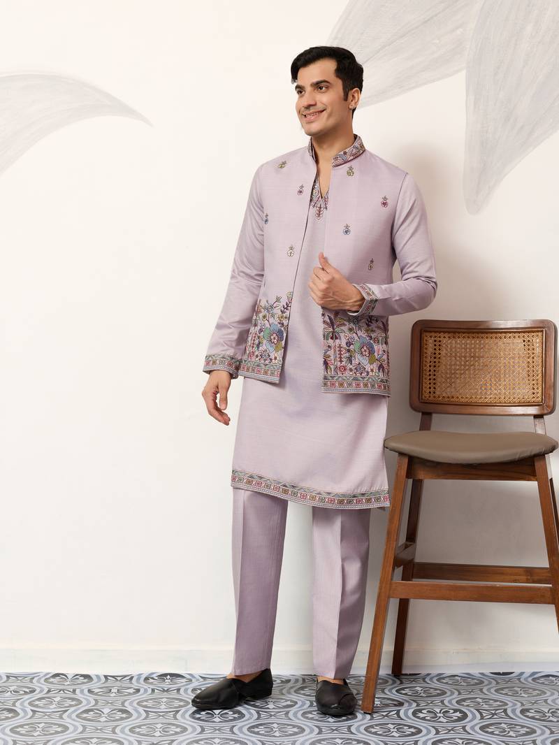 LAVENDER VISCOSE SILK THEAD WITH SEQUINS EMBROIDERED WORK WEDDING FUNCTION FESTIVAL PARTY WEAR STRAIGHT KURTA PANT KOTI