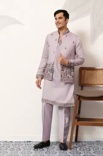 lavender viscose silk thead with sequins embroidered work straight kurta pant koti