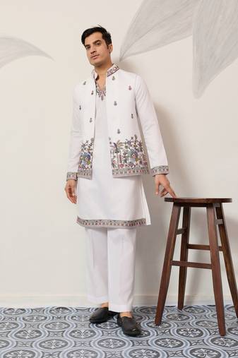 white viscose silk thead with sequins embroidered work  straight kurta pant koti