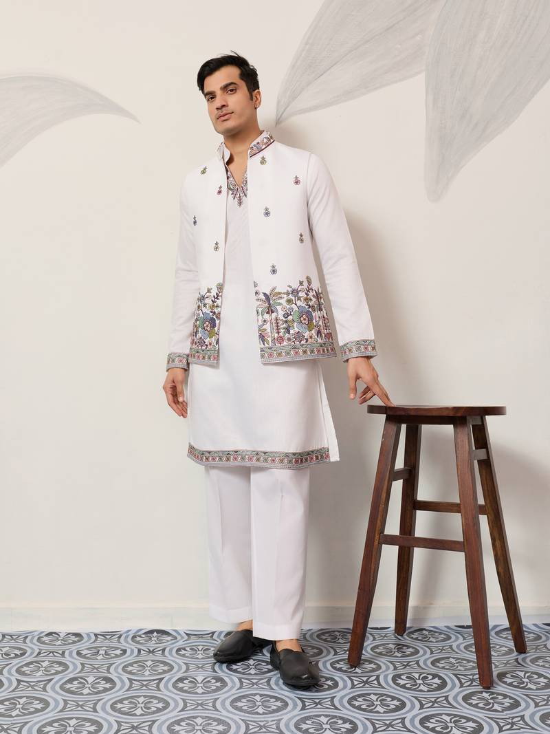 white viscose silk thead with sequins embroidered work  straight kurta pant koti