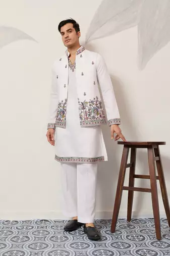 white viscose silk thead with sequins embroidered work  straight kurta pant koti