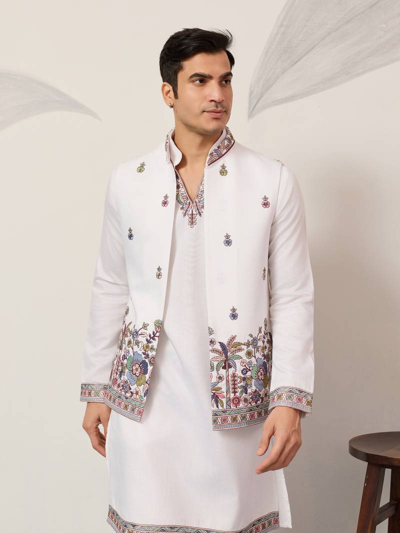 WHITE VISCOSE SILK THEAD WITH SEQUINS EMBROIDERED WORK WEDDING FUNCTION FESTIVAL PARTY WEAR STRAIGHT KURTA PANT KOTI