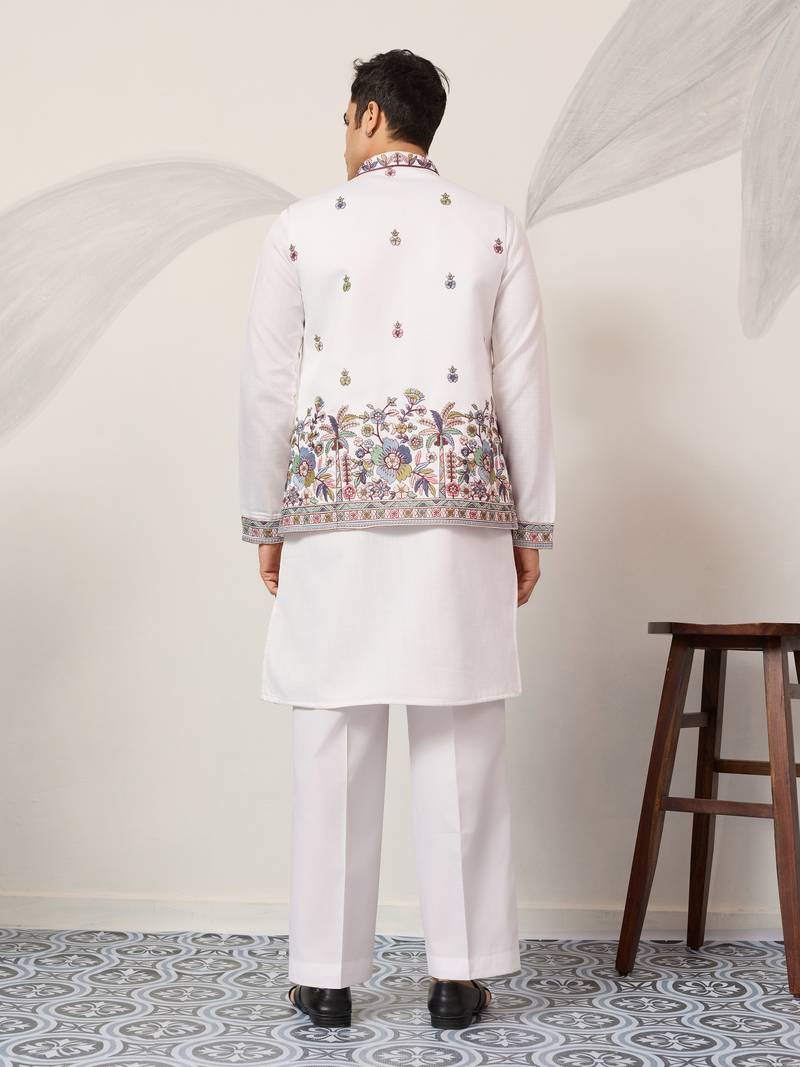 WHITE VISCOSE SILK THEAD WITH SEQUINS EMBROIDERED WORK WEDDING FUNCTION FESTIVAL PARTY WEAR STRAIGHT KURTA PANT KOTI