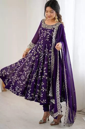 Purple Hevay Faux Georgette Embroidery Work Gown