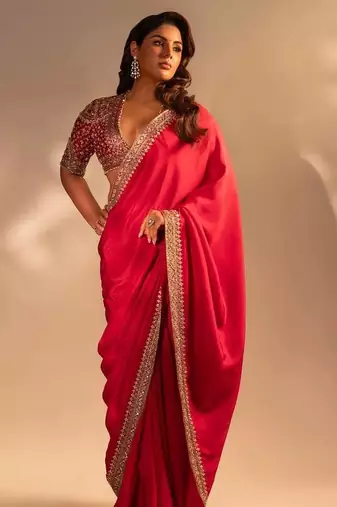 	Red Color Sequence Embroidery Work Rangoli Silk Blend Saree