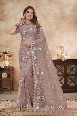 beige net saree with resham embroidery 1