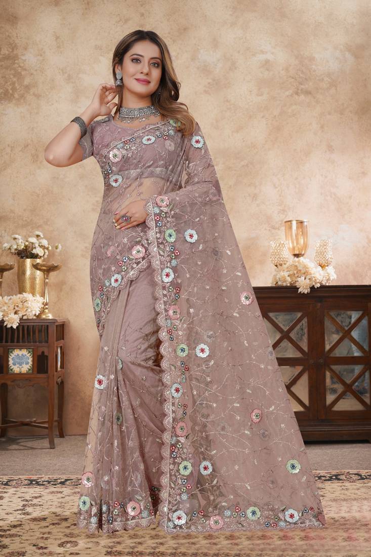 beige net saree with resham embroidery