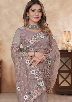 beige net saree with resham embroidery 3
