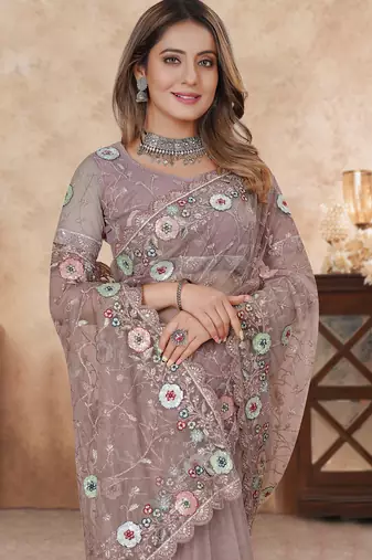 beige net saree with resham embroidery