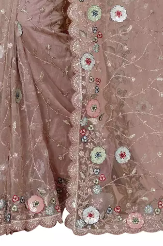 beige net saree with resham embroidery