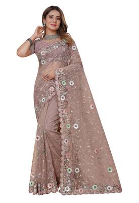 beige net saree with resham embroidery 5