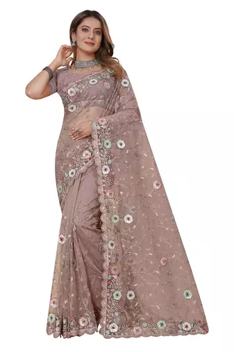 beige net saree with resham embroidery