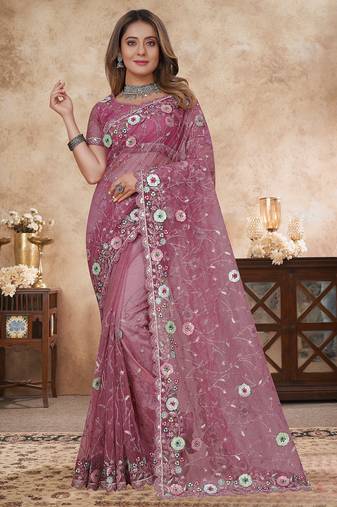 pink net saree with resham embroidery