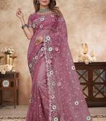 pink net saree with resham embroidery