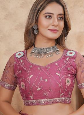 pink net saree with resham embroidery 2