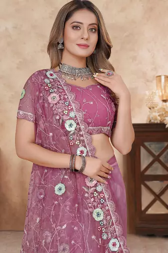 pink net saree with resham embroidery